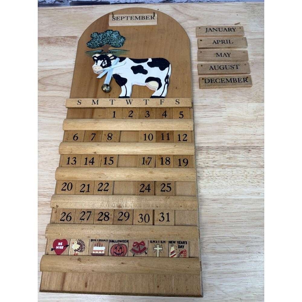 Wooden Perpetual Calendar with Cow Vintage USA 16.5” X 7”